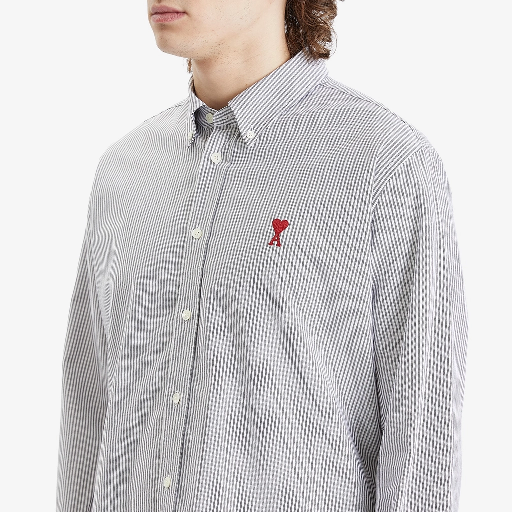 AMI Paris Men's Heart Striped Button Down Oxford Shirt Black/Natural White
